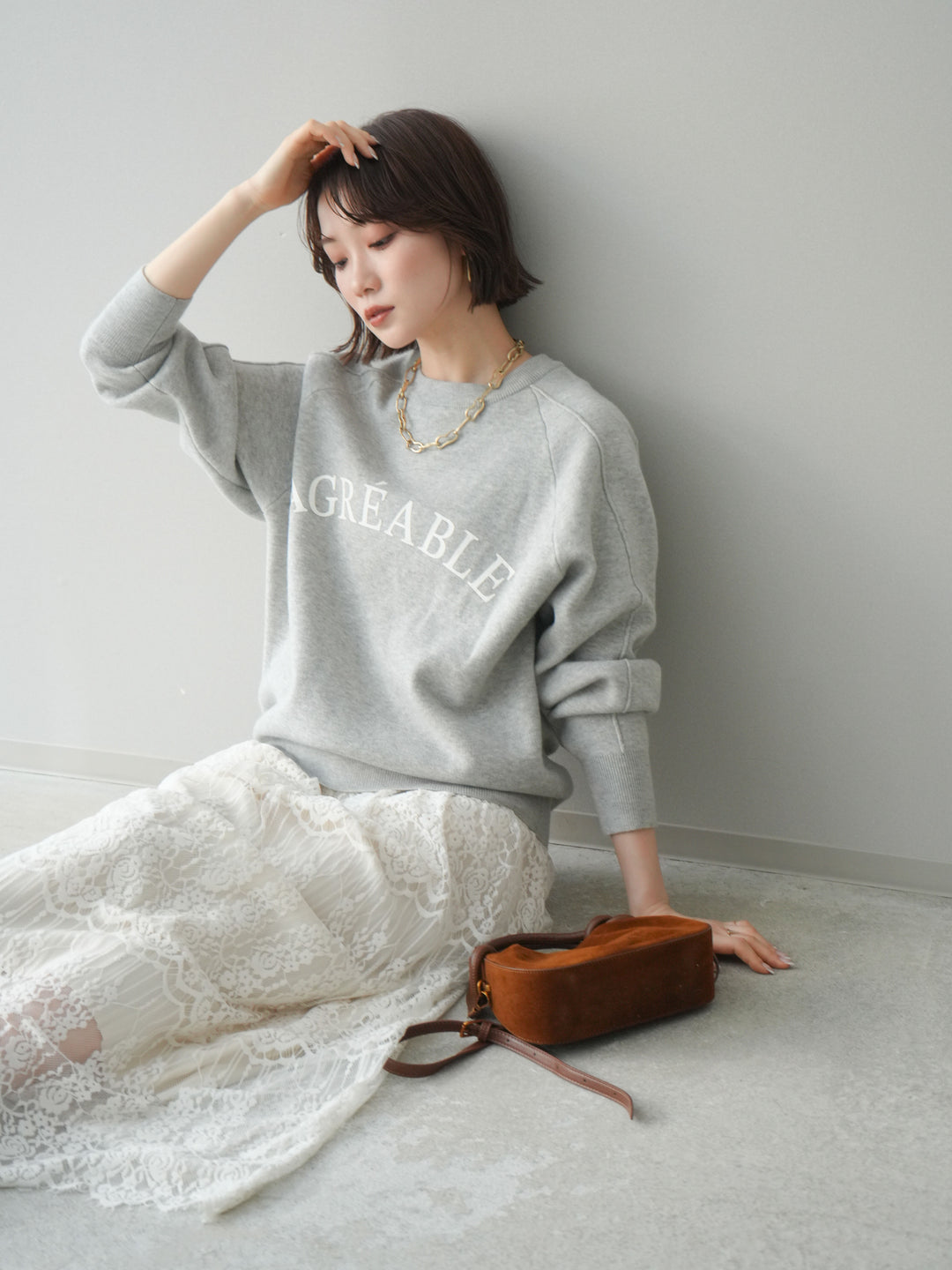 [予約]半ラバープリントロゴスウェットライクニットプルオーバー/mokugray