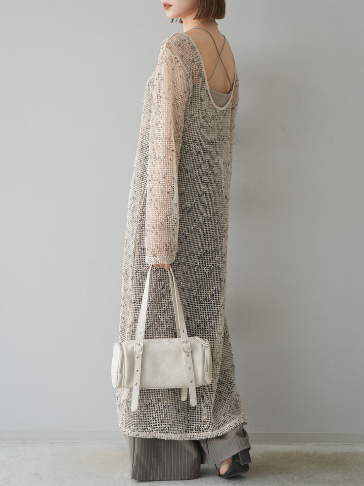 [預購] 鏤空網眼露背洋裝/象牙白