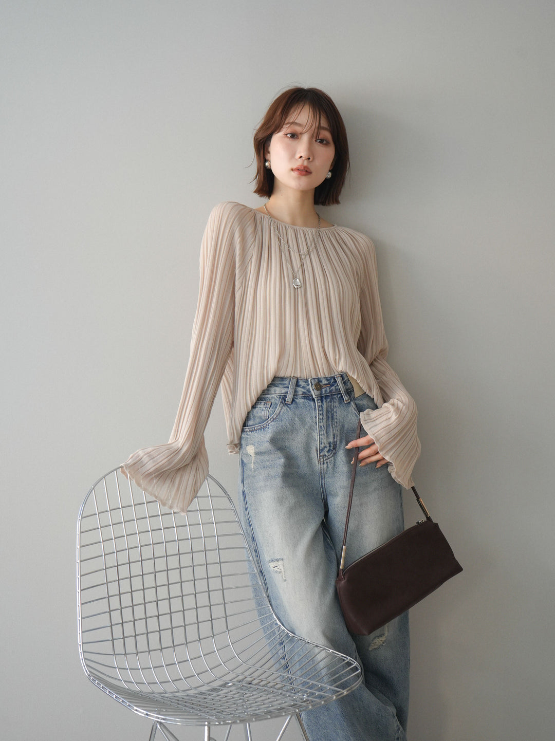 [予約]プリーツシアーフレアスリーブニットトップス/beige