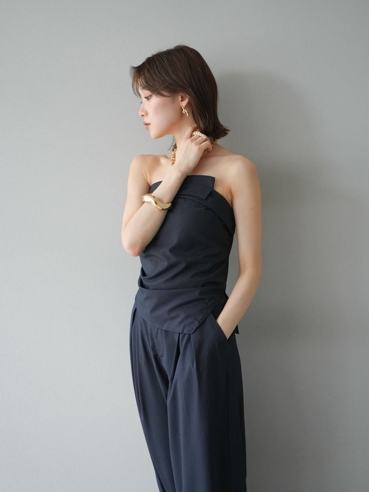 [SET] 條紋褶襉露肩上衣＆寬褲 SET UP (2set)