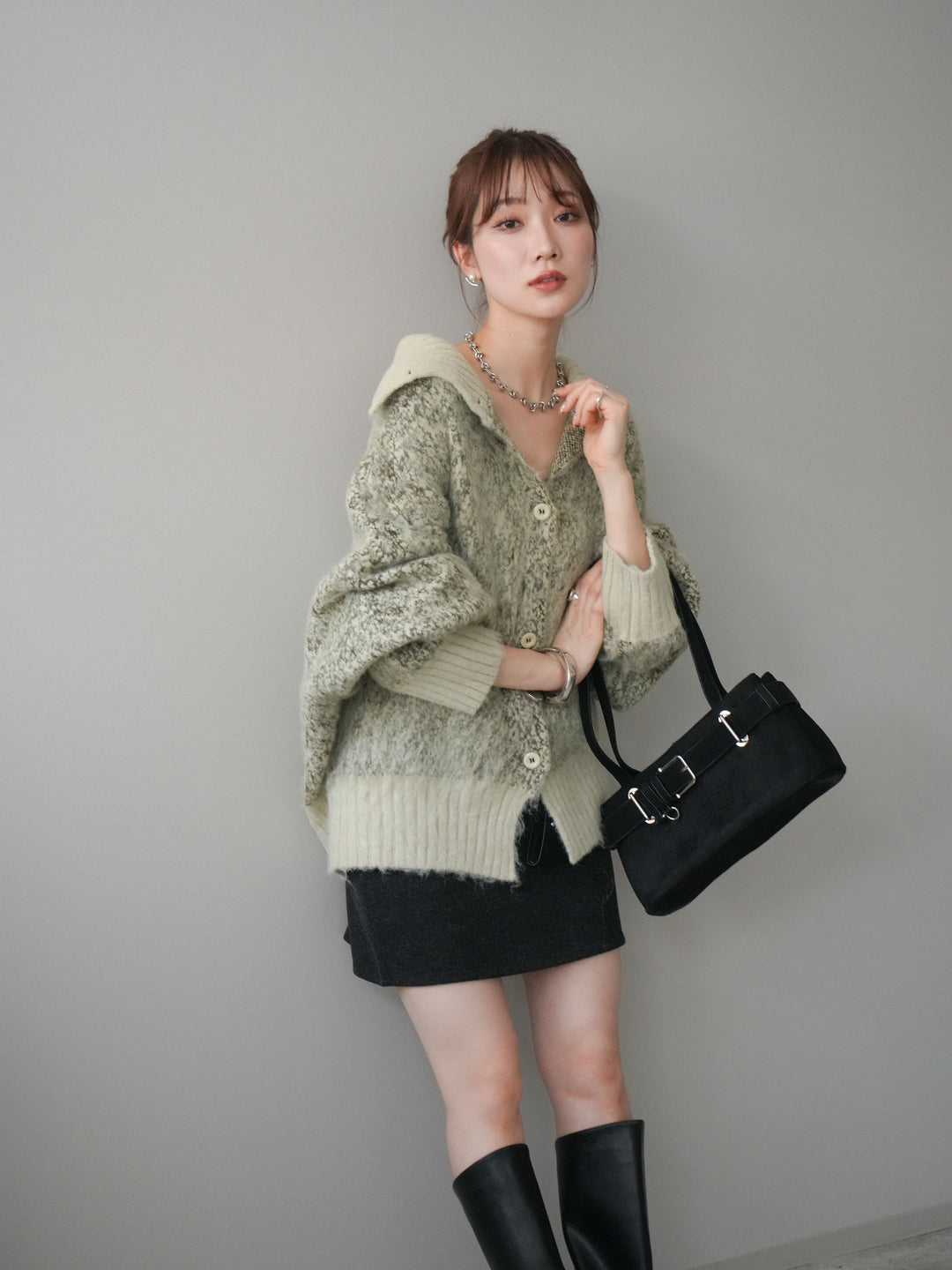 [予約]リブ切替メランジニットカーディガン/green