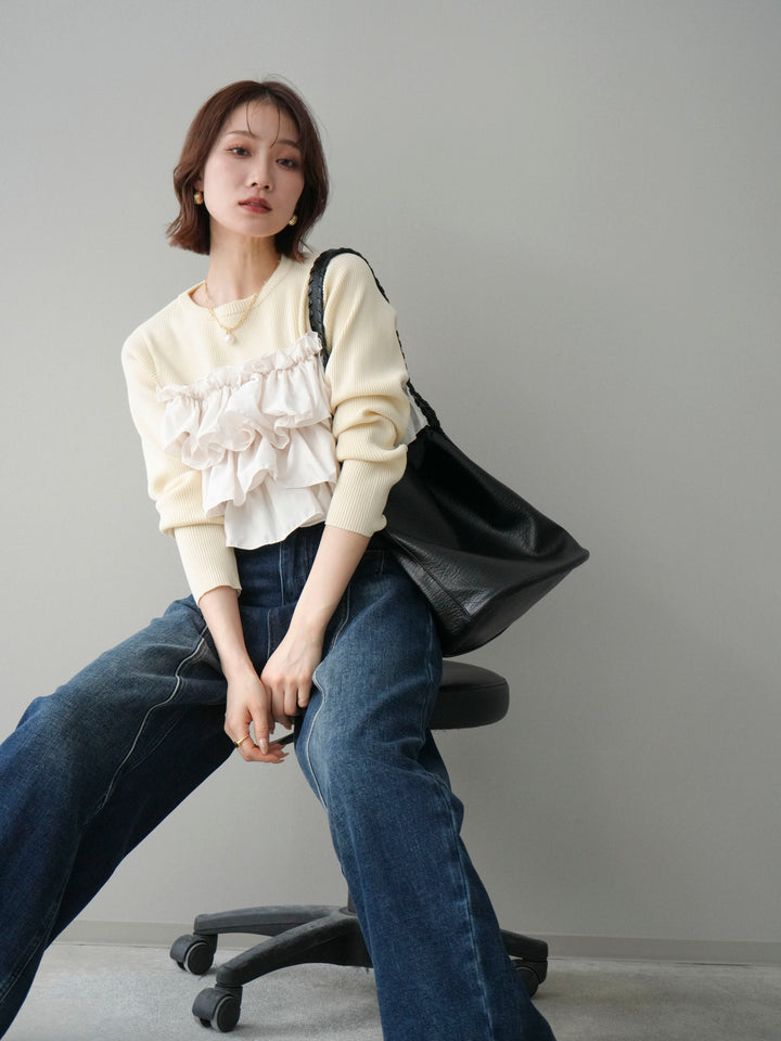 [予約]フリルビスチェドッキングスポンジニットプルオーバー/ivory