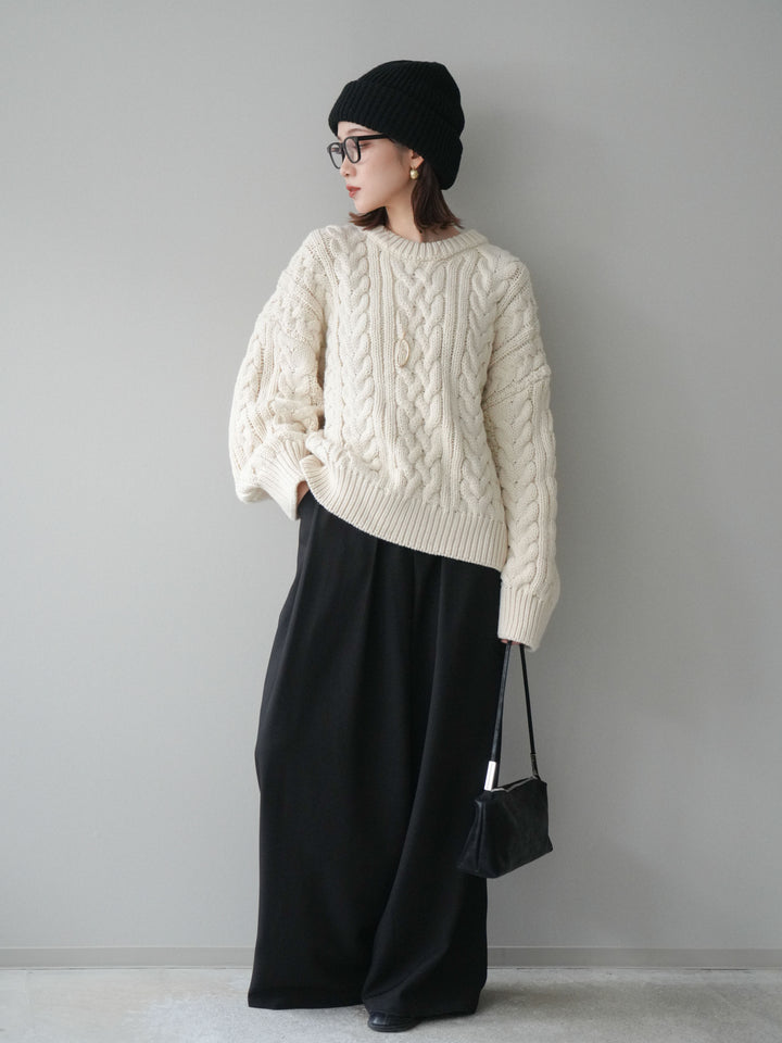 [SET]ボリュームケーブルニットプルオーバー+ベルトループデザインワイドパンツ(2set)