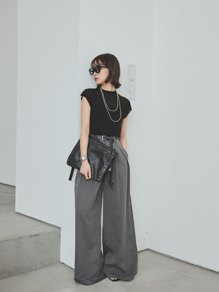 [SET] 法式袖透視針織上衣 + 亞麻觸感褶皺寬褲 (2set)