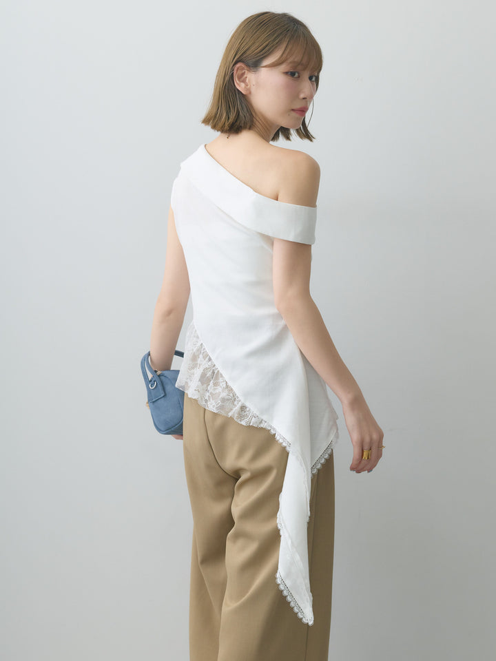 [SET]アシンメトリーラッフルレースヘムトップス+クレープデシンタックワイドパンツ(2set)