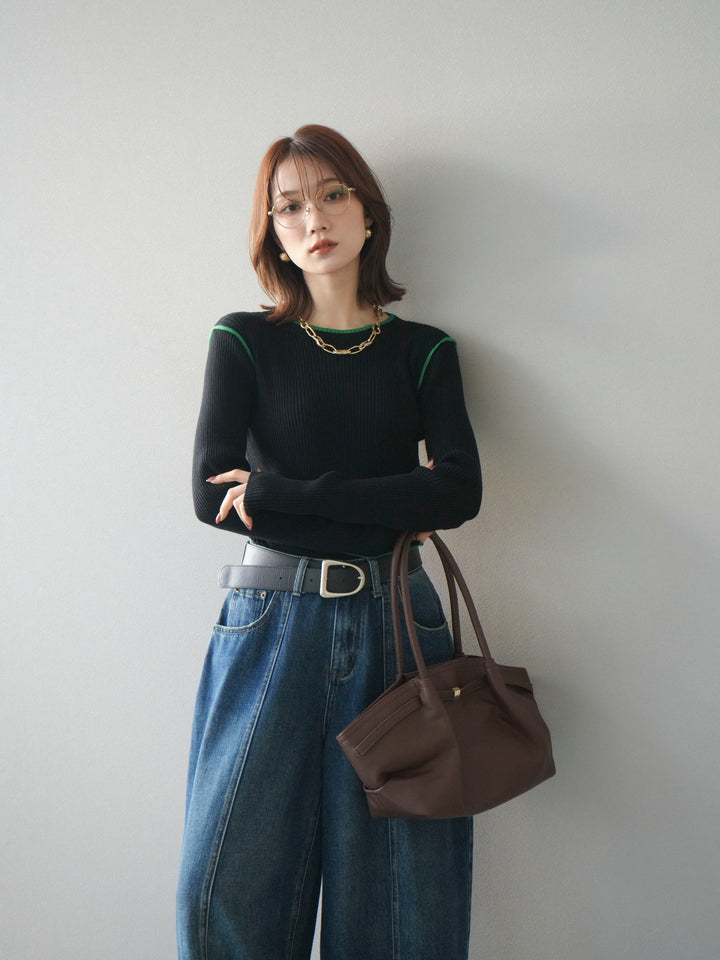 [予約]バイカラークルーネックリブニットトップス/black