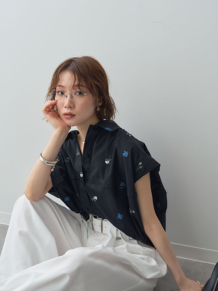 【套裝】花卉刺繡燈籠無袖襯衫+腰帶設計環扣闊腿褲（兩件套）