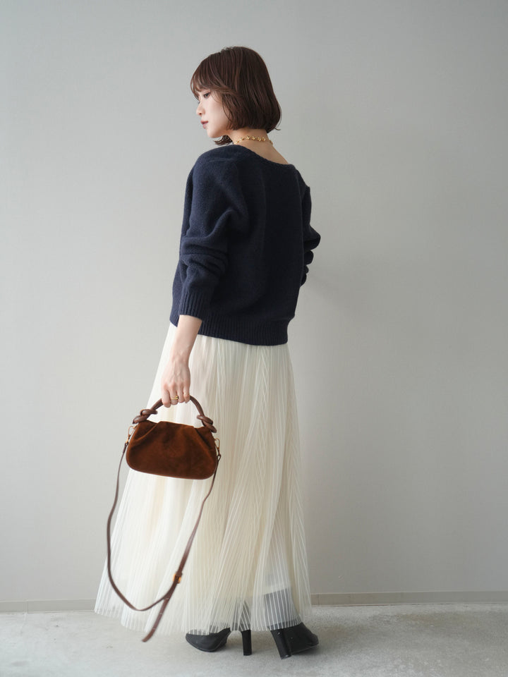 [SET]編みこみアンティークボタンニットカーディガン+チュールストライプボリュームスカート(2set)