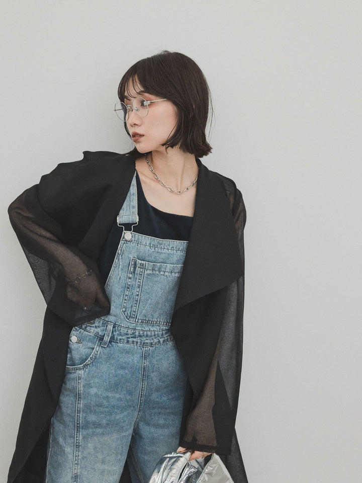 [SET] 中縫牛仔背帶褲 + 透視長版外套（2 件組）