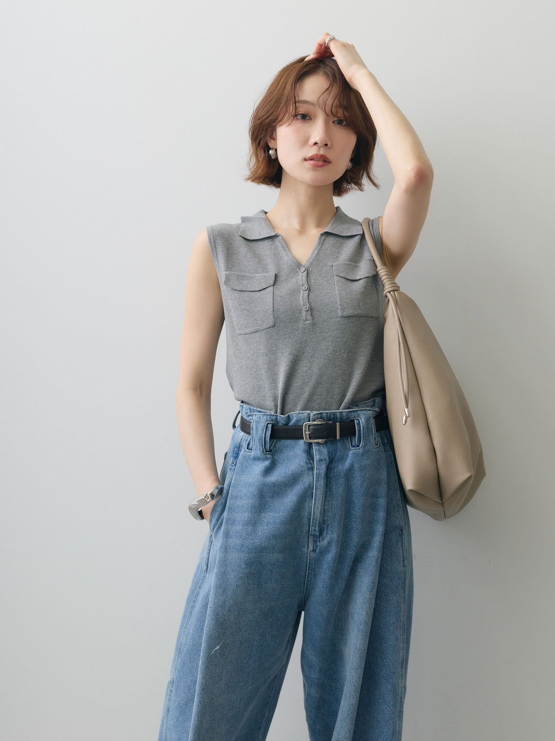 [予約]ポロWポケットノースリトップス/gray