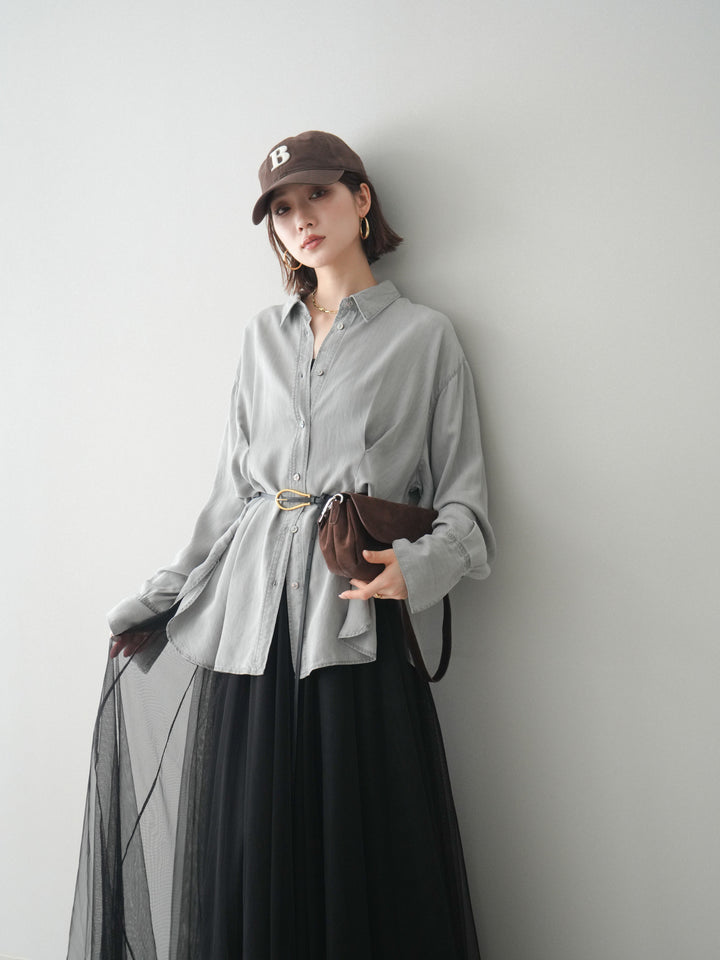 [SET]テンセルデニムタックシャツ+チュールボリュームスカート(2set)