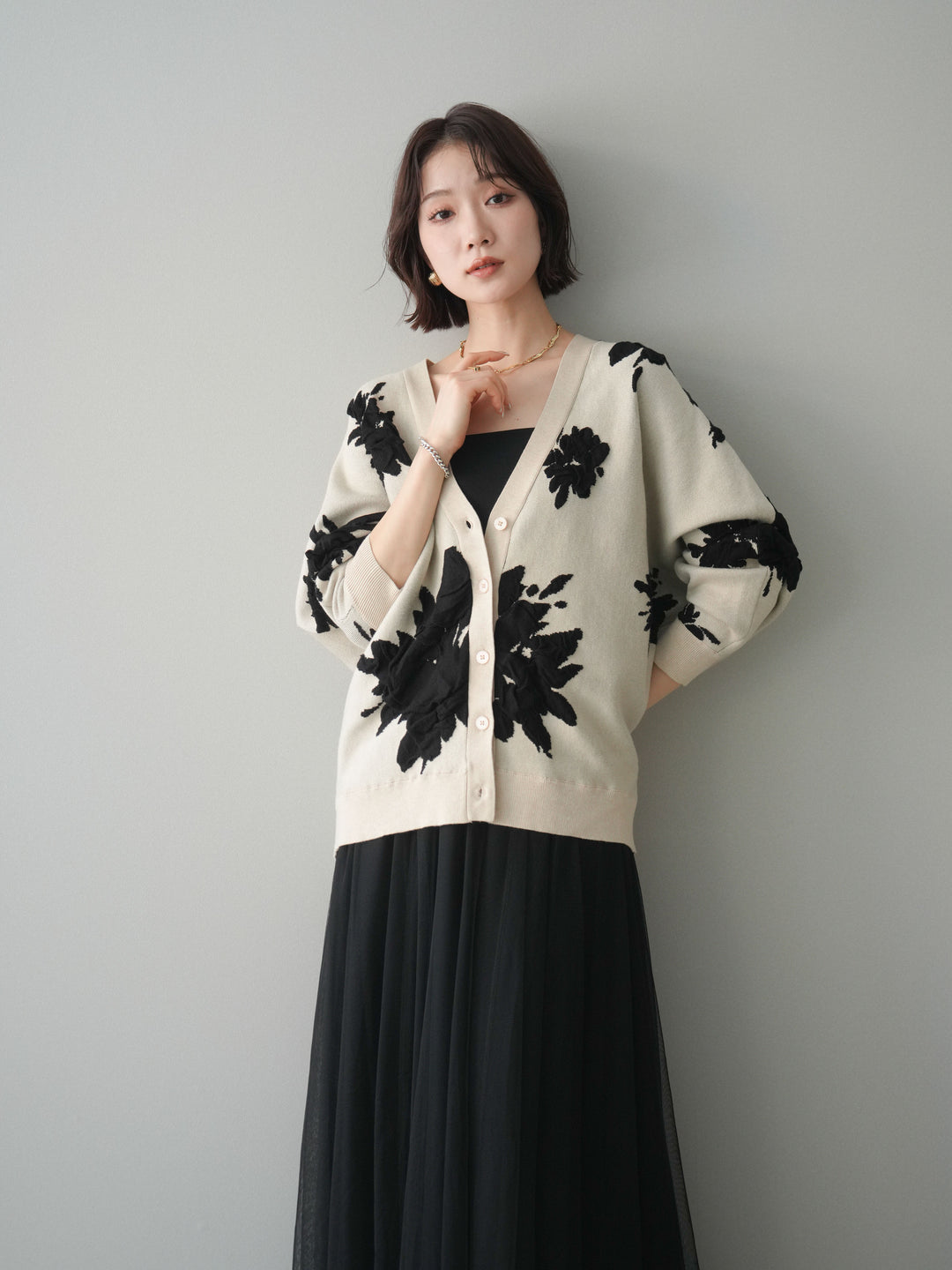 [SET]フラワージャガードニットカーディガン+フラワージャガードニットカーディガン(2set)