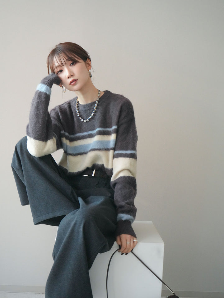 [予約]ソフトタッチボーダークロップドニットプルオーバー/brown