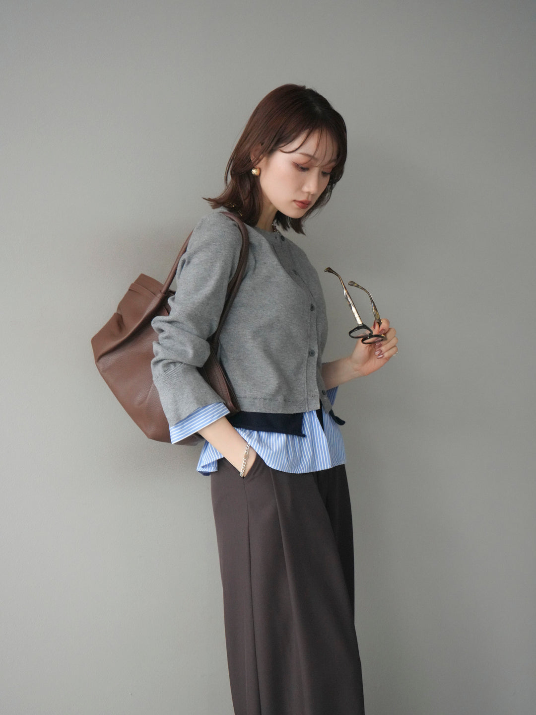 [予約]シャツ襟レイヤードニットカーディガン/gray