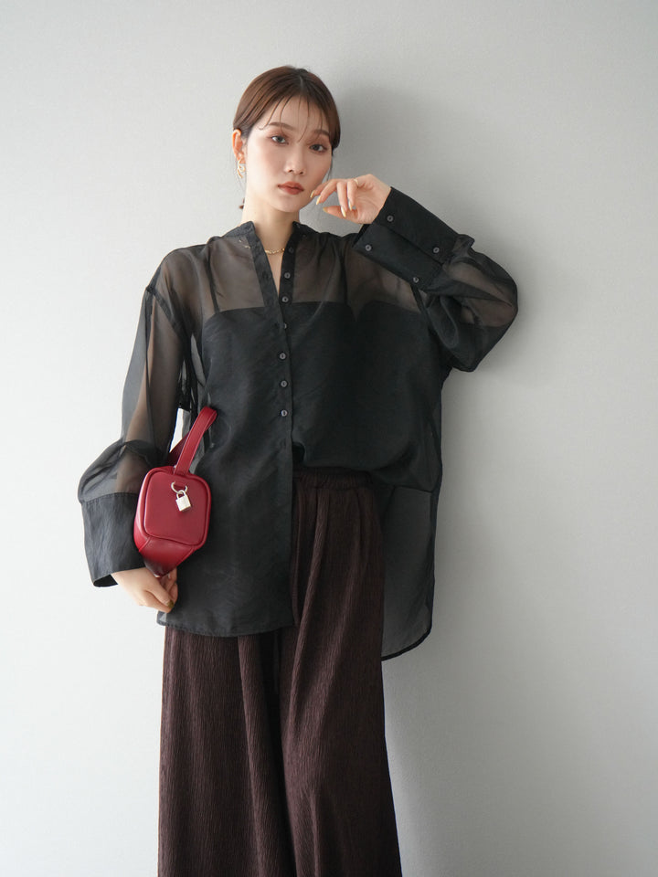 [SET] 亮面透視立領襯衫 + 柳葉寬褲 (2set)