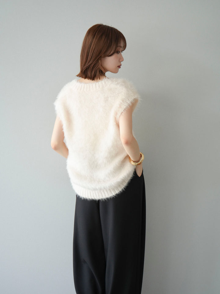 [SET]ラメシャギーVネックニットベスト+ベルトループデザインワイドパンツ(2set)