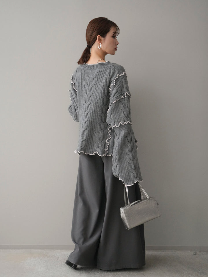 [SET]フロントリボン配色メローニットカーディガン+テープベルトタックバギーパンツ(2set)