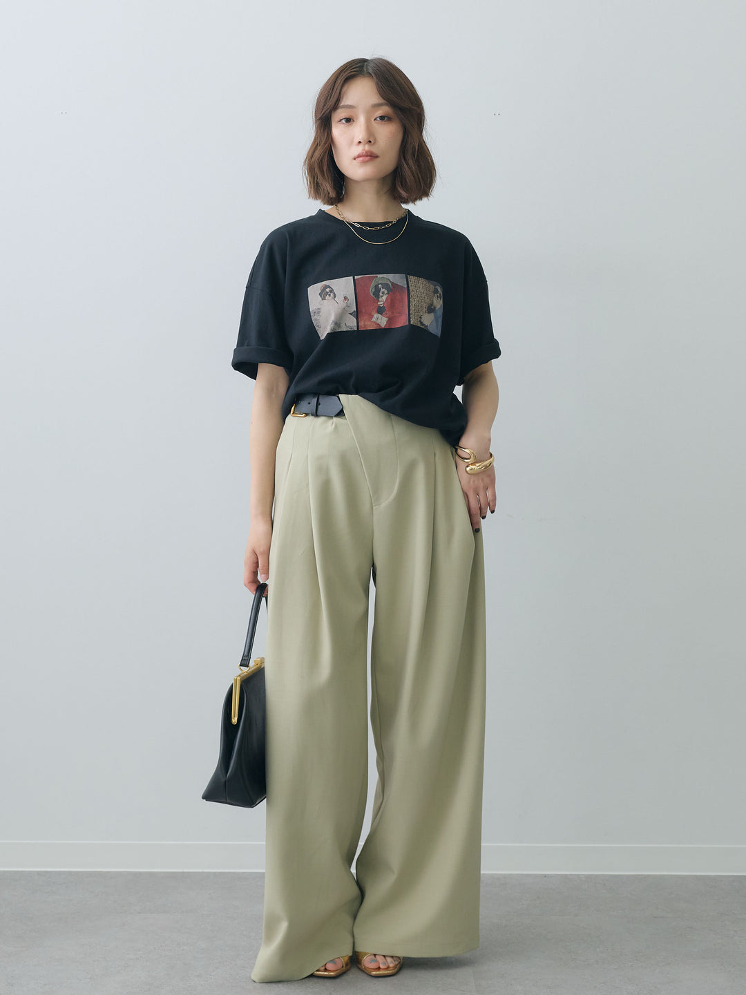 [SET]スリードッグフォトボックスTEE+アシンメトリーベルトタックワイドパンツ(2set)