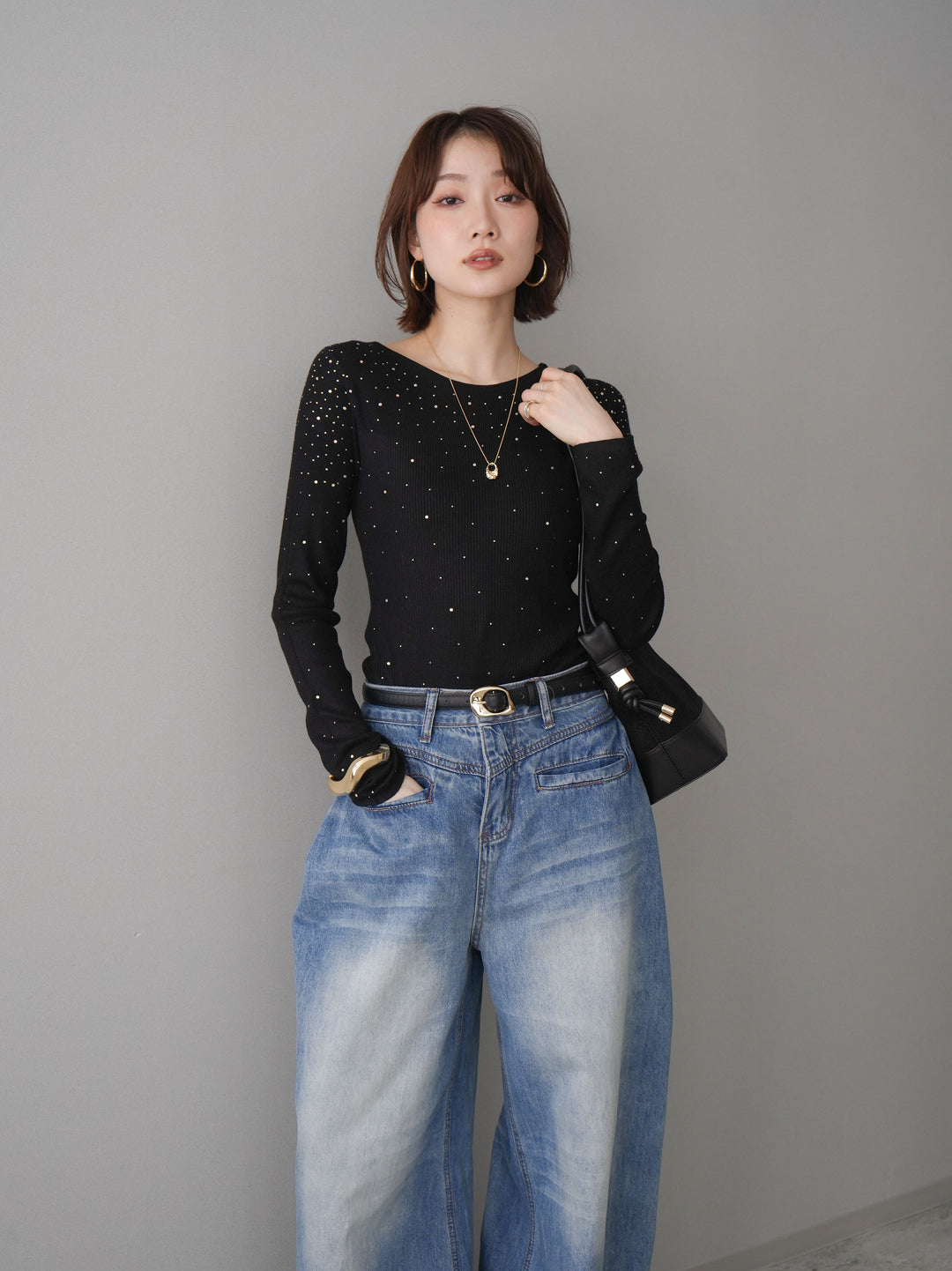 [SET]スパンコールシアーニットトップス+選べるアクセセット(2set)