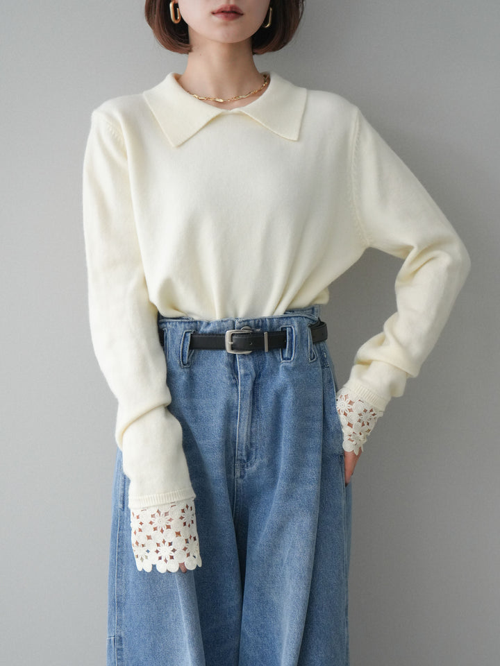 [SET]スカラップレース袖襟付きニットトップス+選べるアクセセット(2set)