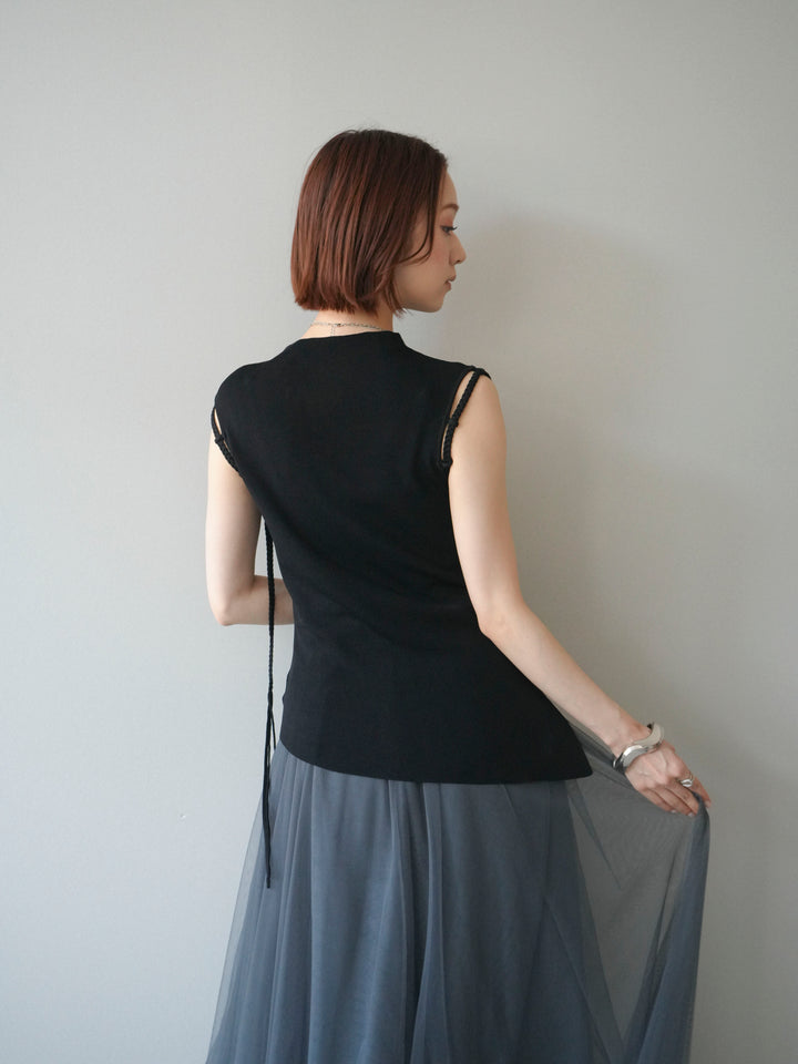 [予約]サイドコードアシメニットノースリーブ/black