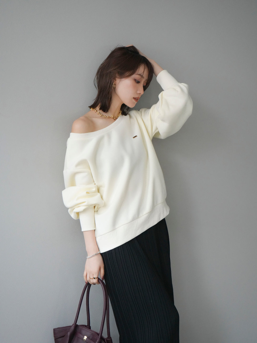 [予約]プレート付裏起毛ワンショルプルオーバー/ivory