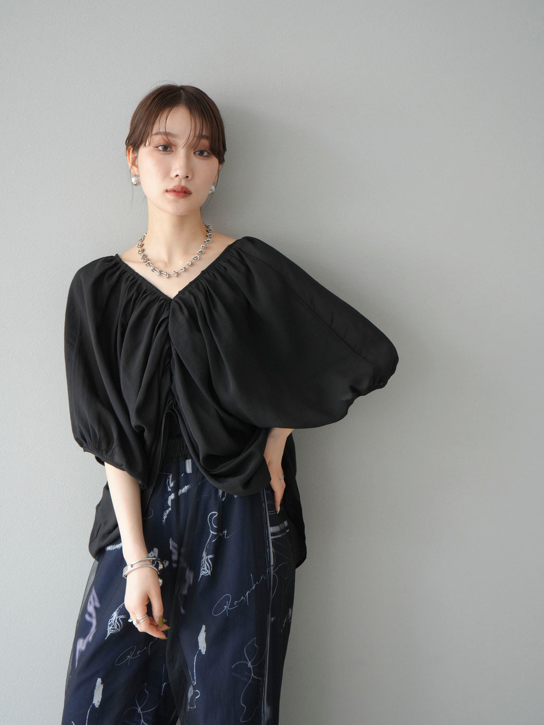 [SET]ボリュームスリーブシアータックブラウス+コード刺繍チュールレイヤードパンツ(2set)