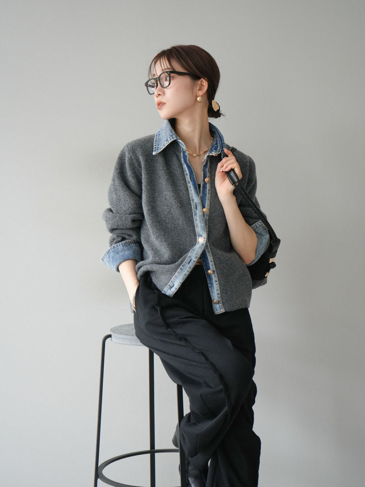 [SET]デニム襟ボタンニットカーディガン+2WAYデザインスウェットパンツ(2set)