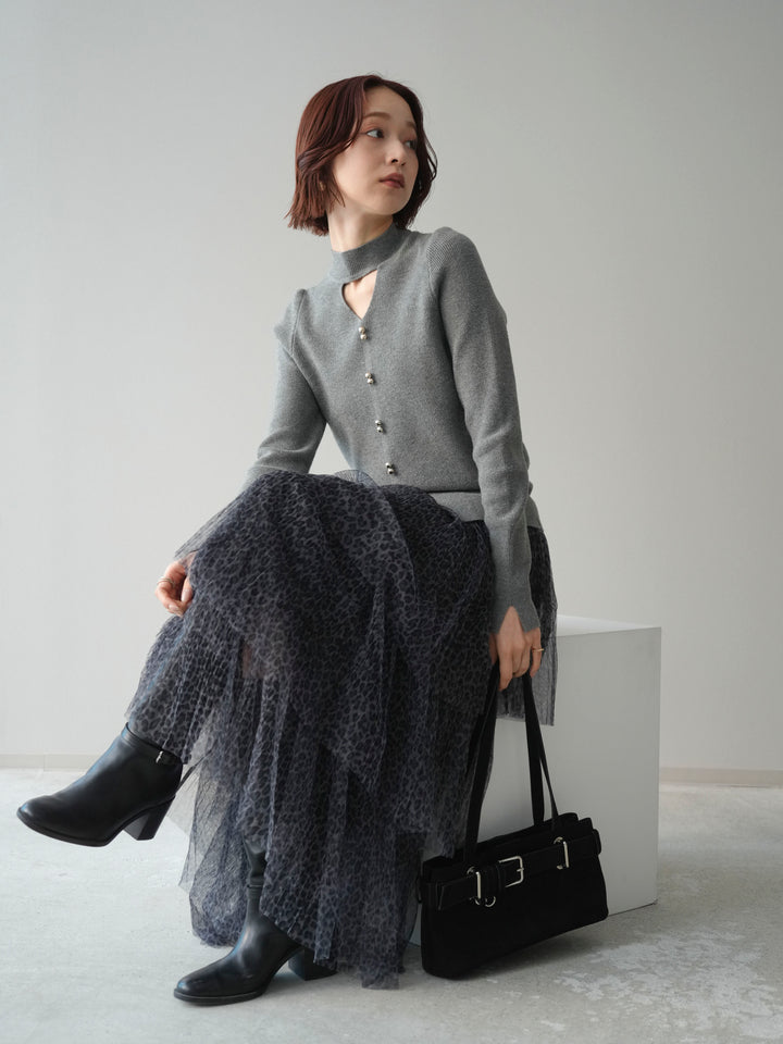 [予約]チョーカーデザインボタンリブニットトップス/gray