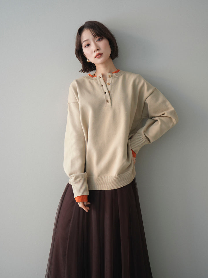 [予約]2WAYネック配色レイヤードニットプルオーバー/beige
