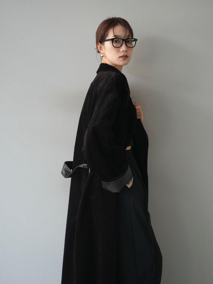 [予約]コーデュロイ折り返しレザーロングコート/brown