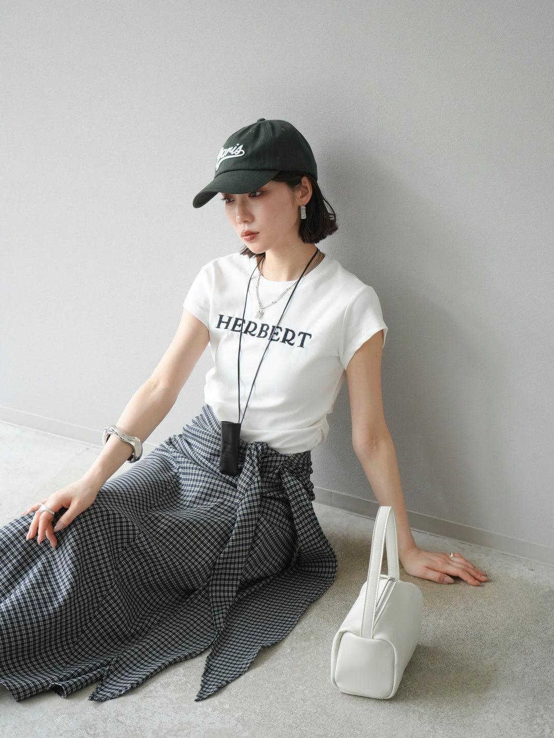 [SET]刺繍ロゴTシャツ＆レザーポーチネックレスSET +サイド巻きツイルスカート(2set)