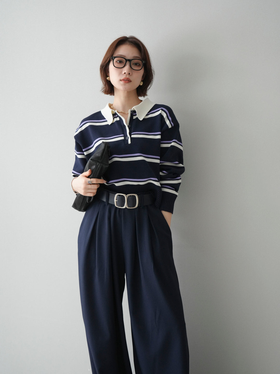 [予約]マルチボーダーポロニットトップス/navy