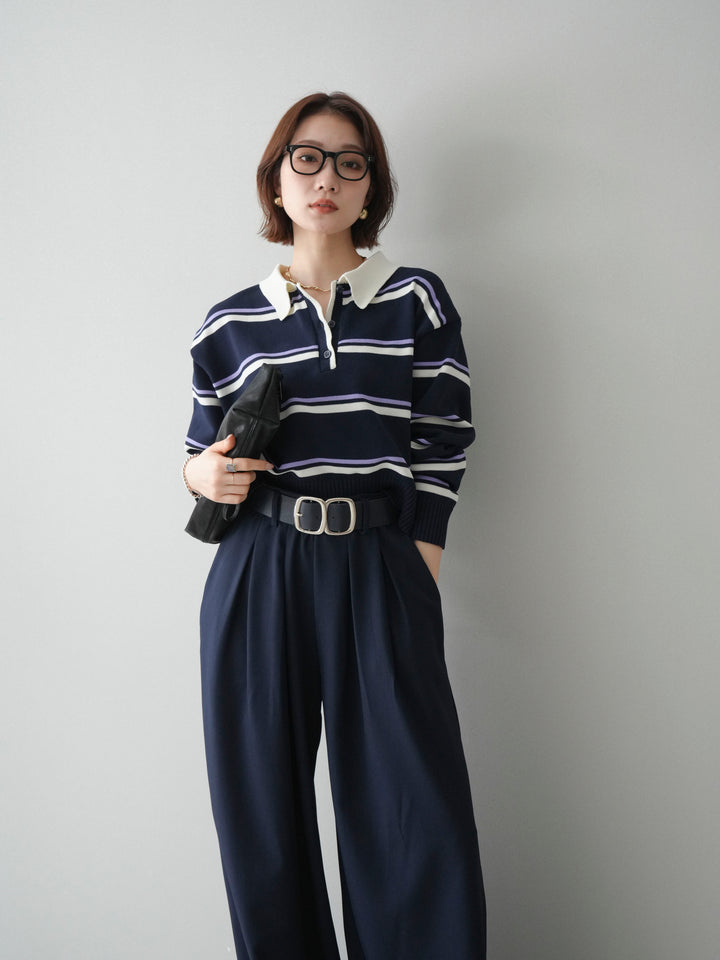 [予約]マルチボーダーポロニットトップス/navy