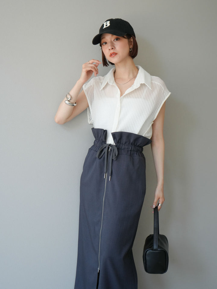 [SET]シアーチェックノースリーブシャツ+ヘザーエステルギャザージップスカート(2set)