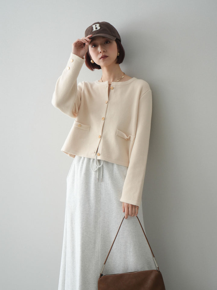 [SET]ゴールドボタンノーカラーニットジャケット+選べるアクセセット(2set)