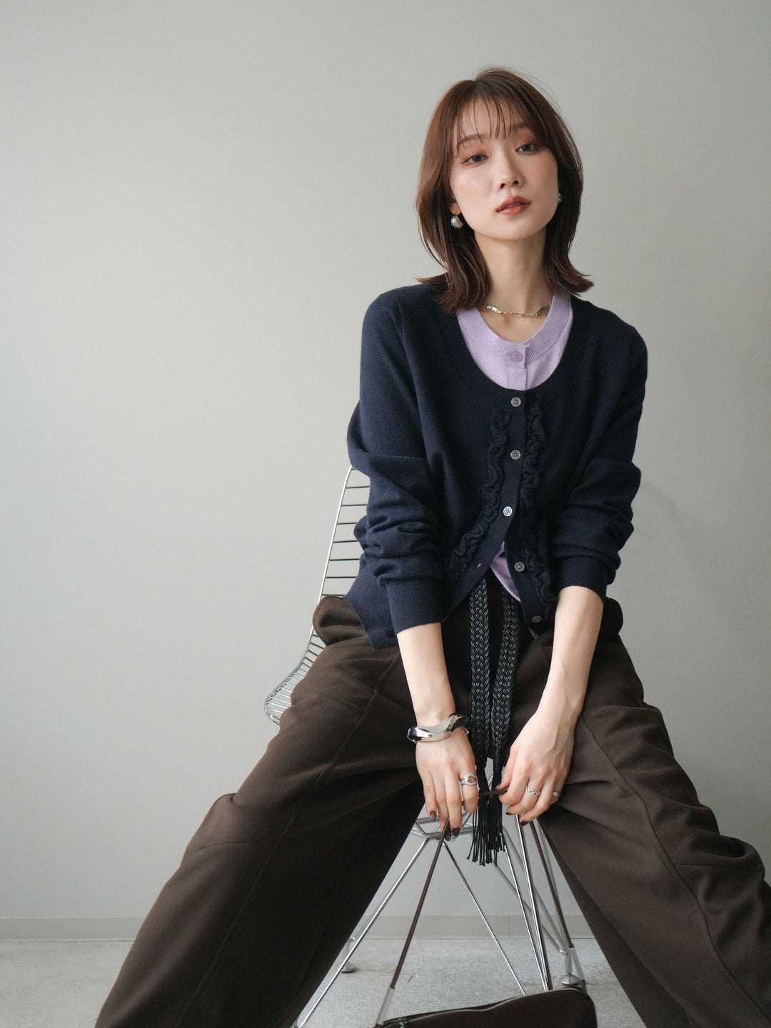 [予約]配色レイヤードフリルデザインニットカーディガン/black