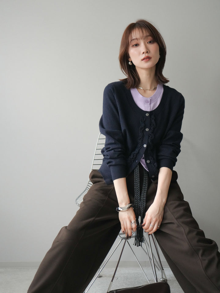 [予約]配色レイヤードフリルデザインニットカーディガン/black