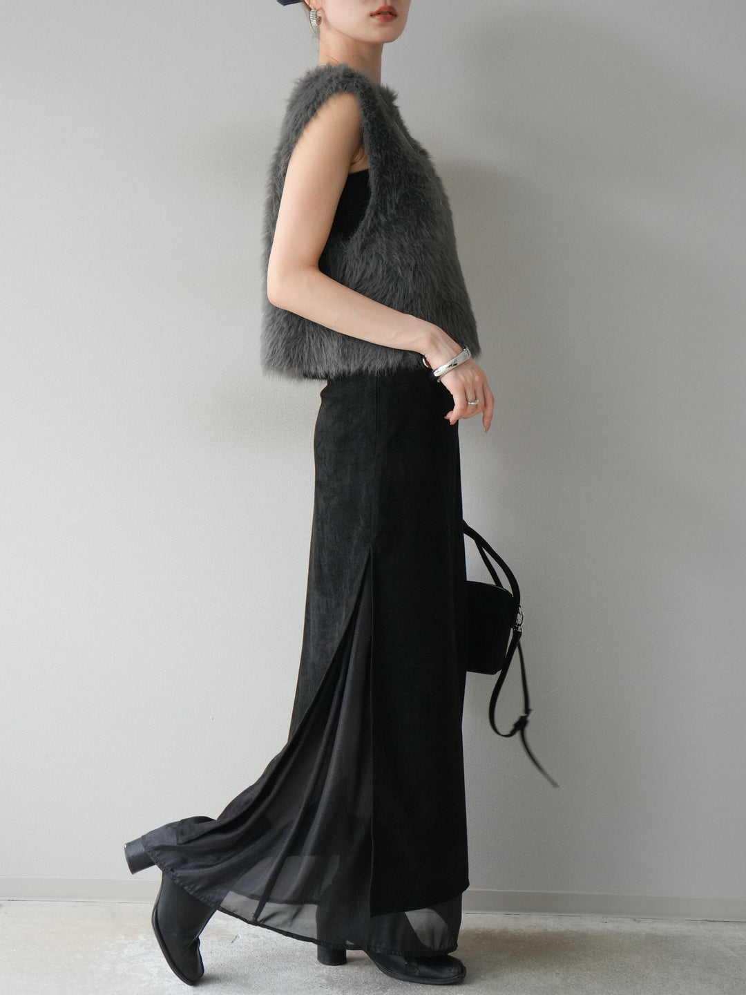 [予約]サイドスリットスウェードドッキングシフォンスカート/ブラック