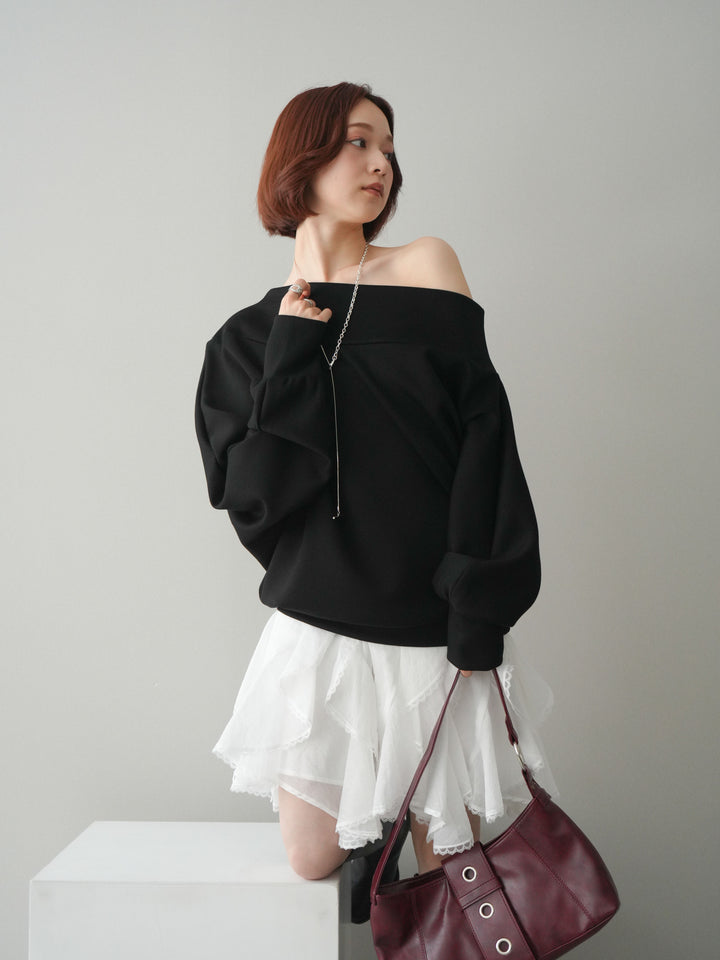 [SET]アシンメトリーオフショルポンチプルオーバー+ラッフルレースミニスカート(2set)