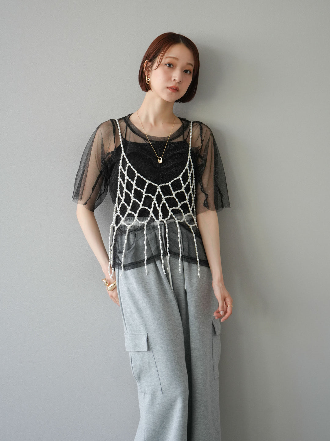 [SET]ラメチュールシャーリングプルオーバー+パールフリンジビスチェ+ウエストラインサイドポケットスウェットパンツ(3set)