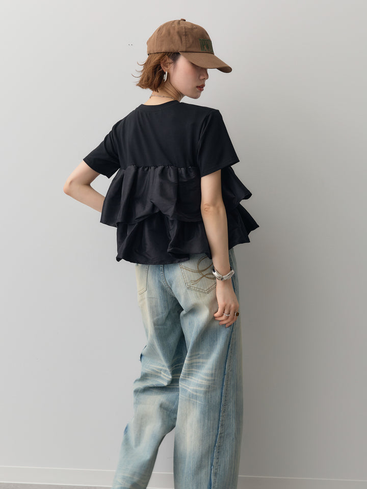 [SET]フリルティアードTEE+縦ウォッシュワイドデニムパンツ(2set)