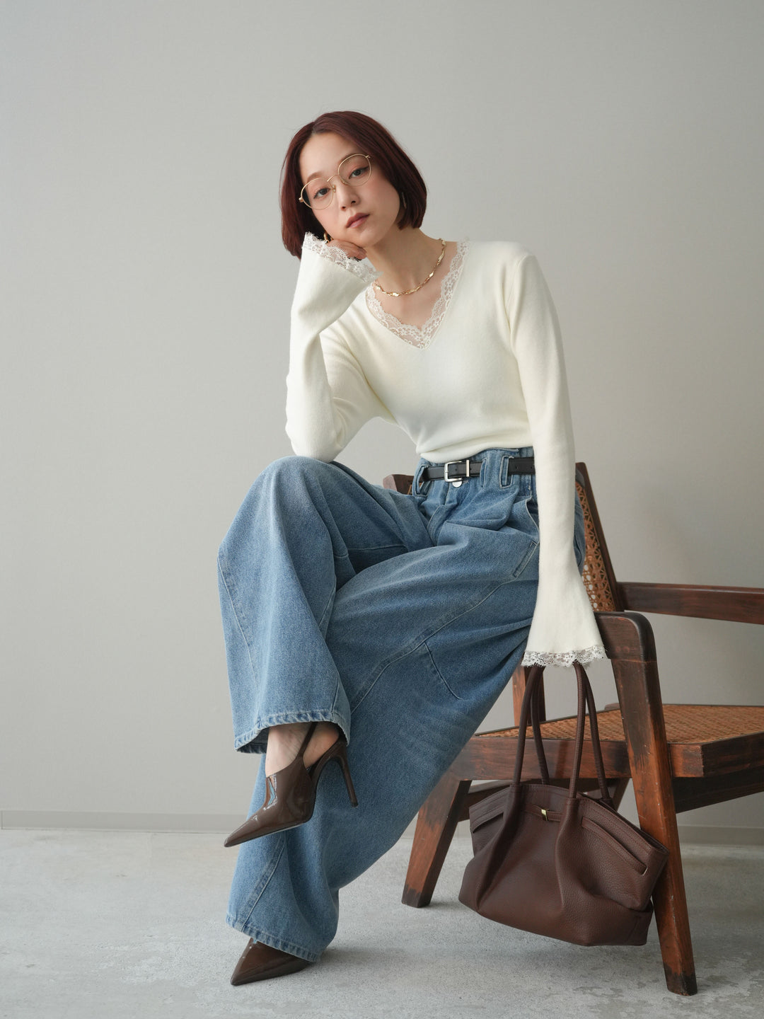 [SET]レースドッキングVネックニットトップス+ハイウエストベルトループデザインデニムパンツ(2set)