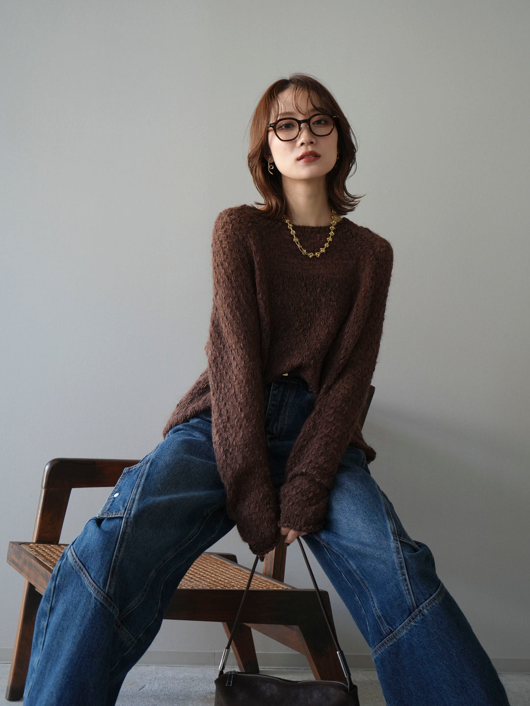 [予約]透かし編みモヘアタッチポコポコニットプルオーバー/brown