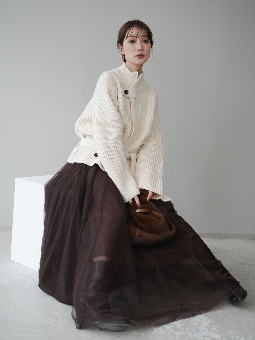 [SET]畦編みボトルネックZIPニットカーディガン+選べるアクセセット(2set)