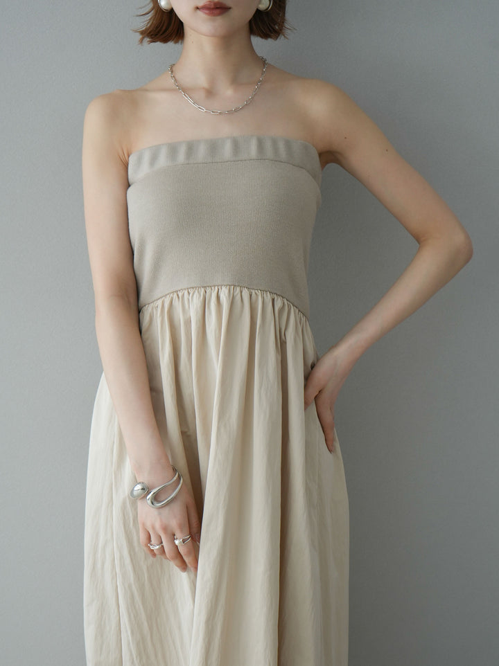 [預訂] 針織 x 塔夫綢小熊洋裝/米色