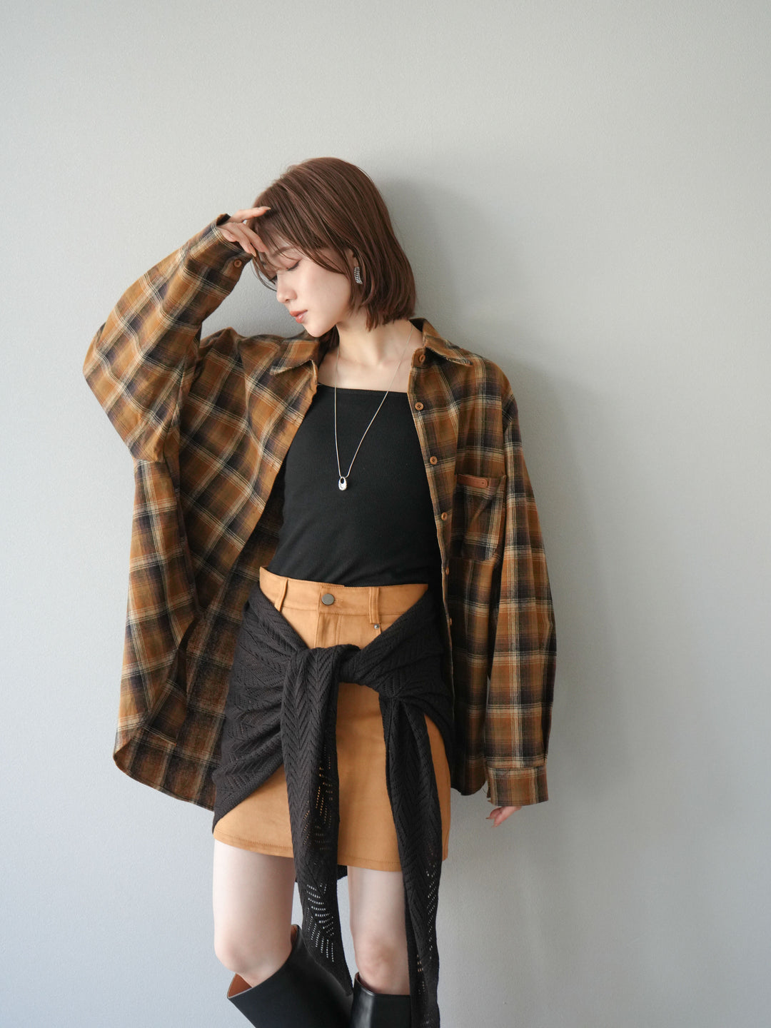 [予約]起毛チェックオーバーシャツ/キャメル