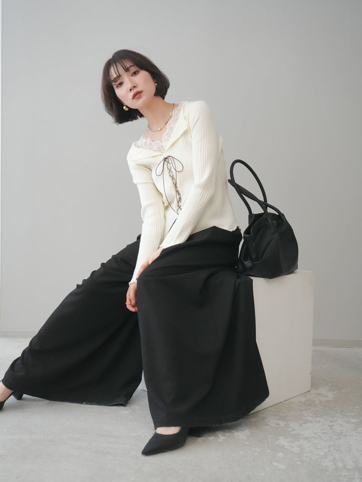 [予約]レースネックレースアップリブニットトップス/ivory