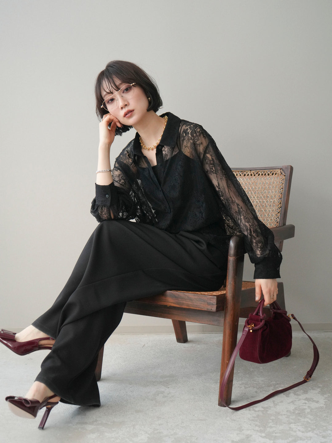 [予約]総レースボリュームスリーブシャツ/black