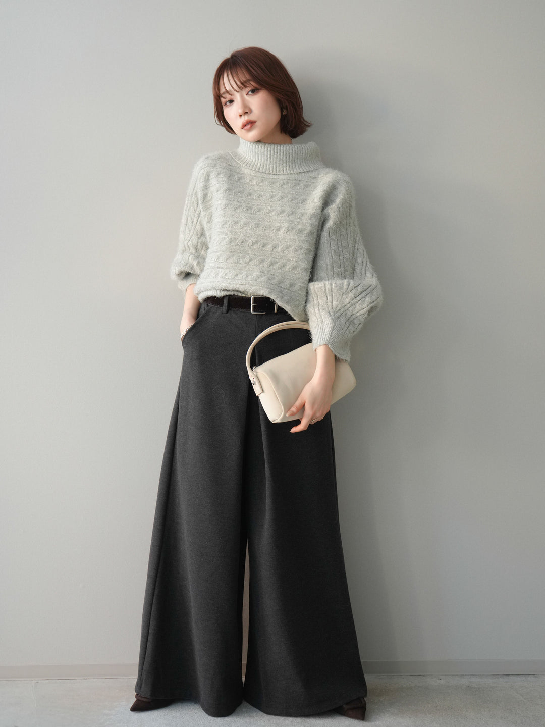 [SET]オフタートルケーブル編みニットプルオーバー+ベルト付きフロントタックワイドパンツ(2set)